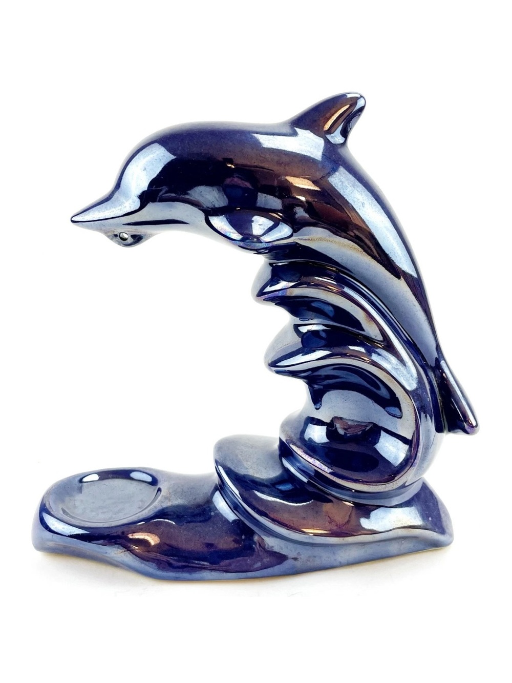 Vintage Marex Cobalt Blue Iridescent Dolphin Tea Light Votive Holder 9” Poland